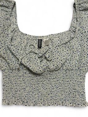 H&M Cream Floral Smocked Crop Top with Navy Accents